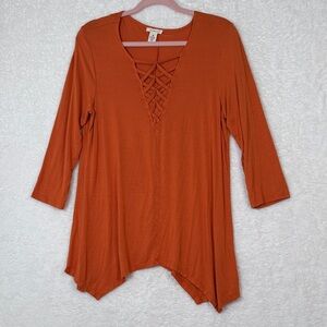Westbound M Women's Orange V-Neck 3/4 Sleeve Pullover Flowy Top